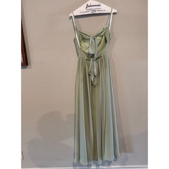 Azazie Womens Chiffon Spaghetti Strap Ruched Bodice A-Line Gown Sz A0 Sage Green - Picture 4 of 8